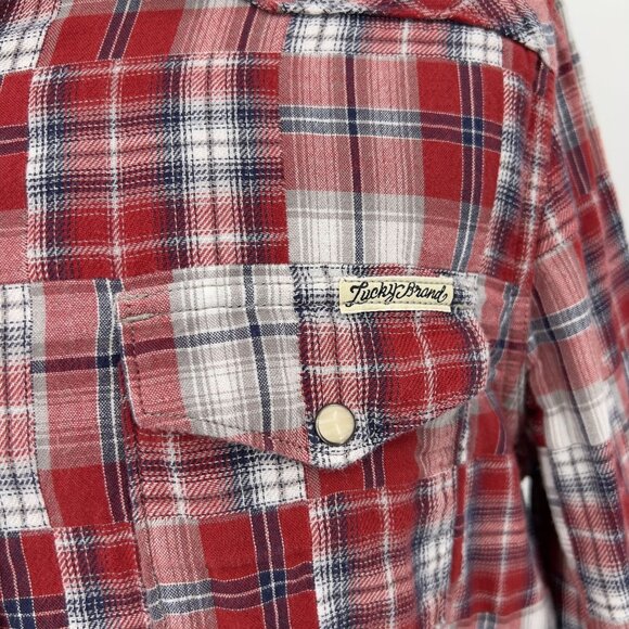 Lucky Brand Mens Snap Up Red Plaid Cotton Western Shirt L Large - Picture 5 of 7